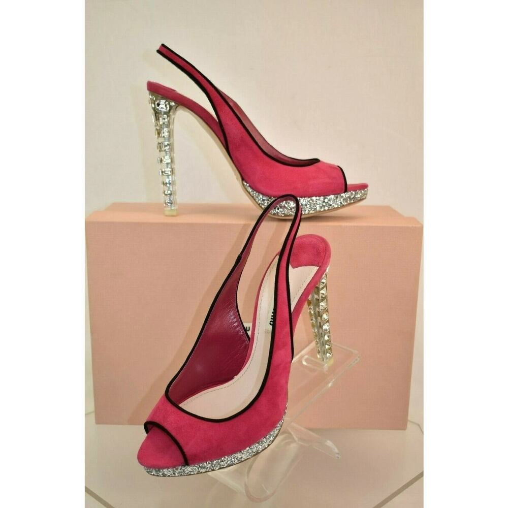 NIB MIU MIU PRADA 5XP400F PINK SUEDE JEWELED CRYSTALS' HEELS PUMPS 37.5 ITALY